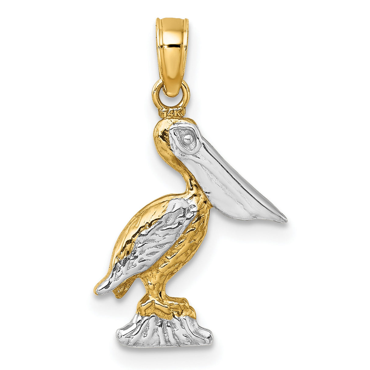 14k Yellow Gold Two-Tone Pelican Pendant, Detailed Bird on Rock, Nautical Coastal Theme