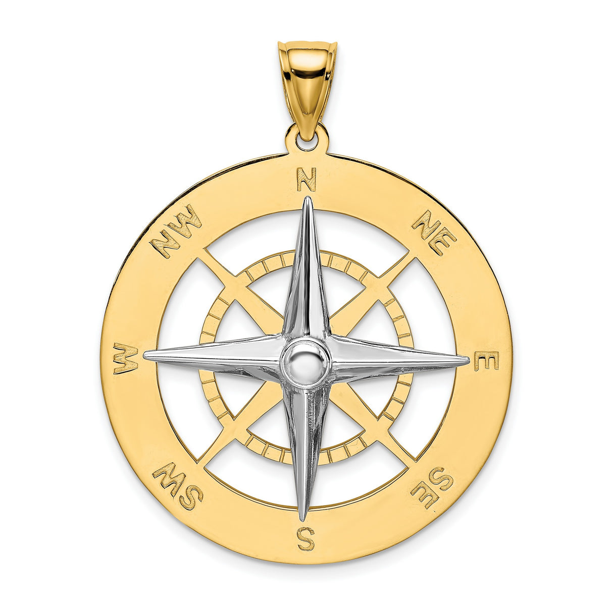 14k Two-Tone Gold Compass Pendant with Cardinal Points, Nautical Travel Charm