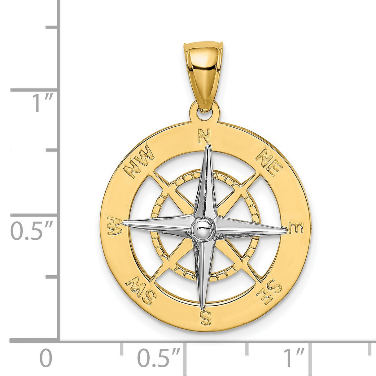 14k Two-Tone Gold Compass Rose Pendant with White Gold Points and Directions