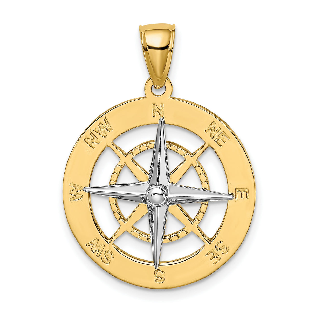 14k Two-Tone Gold Compass Rose Pendant with White Gold Points and Directions