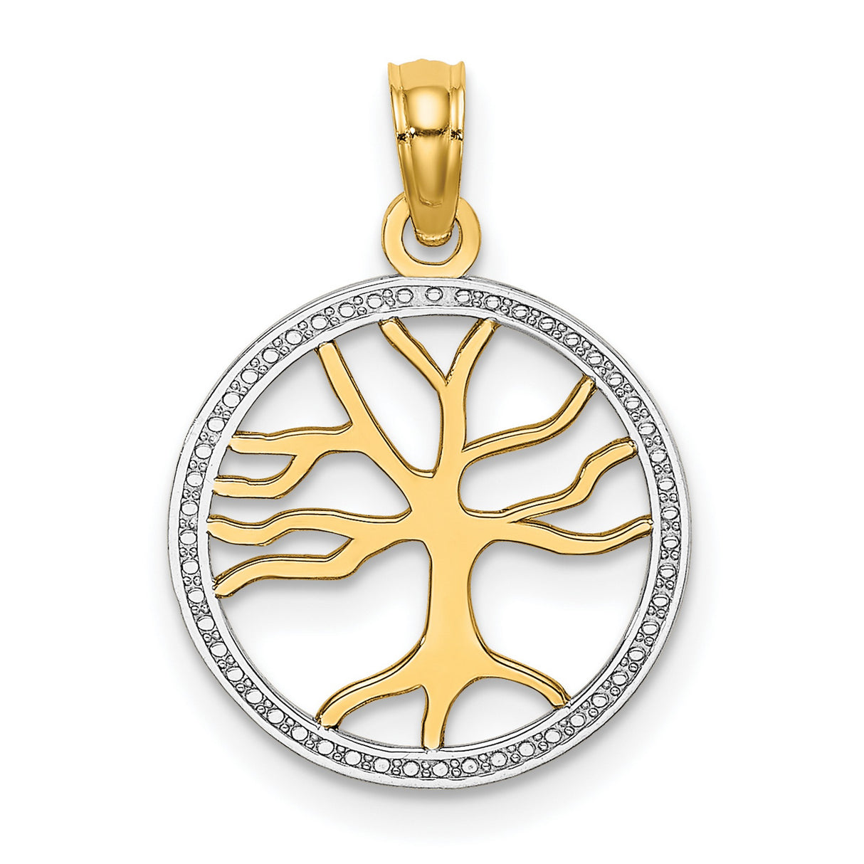 14k Two-Tone Gold Tree of Life Pendant with Diamond Cut Detailing, Openwork Design
