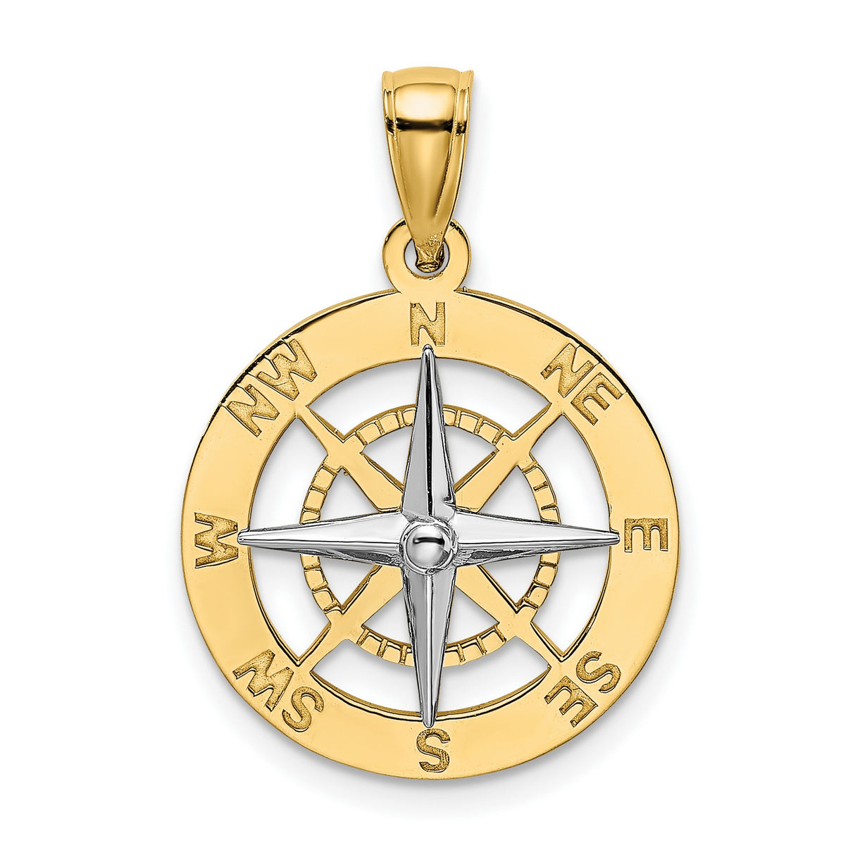 14k Two-Tone Gold Compass Pendant with North South East West Design, Nautical Charm for Men and Women