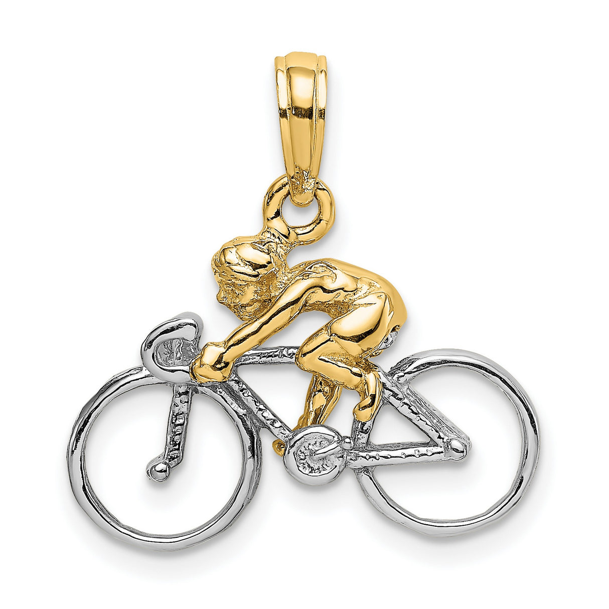 14k Two-Tone Gold Cyclist Pendant with Rider on Racing Bicycle, Sports Charm for Men or Women