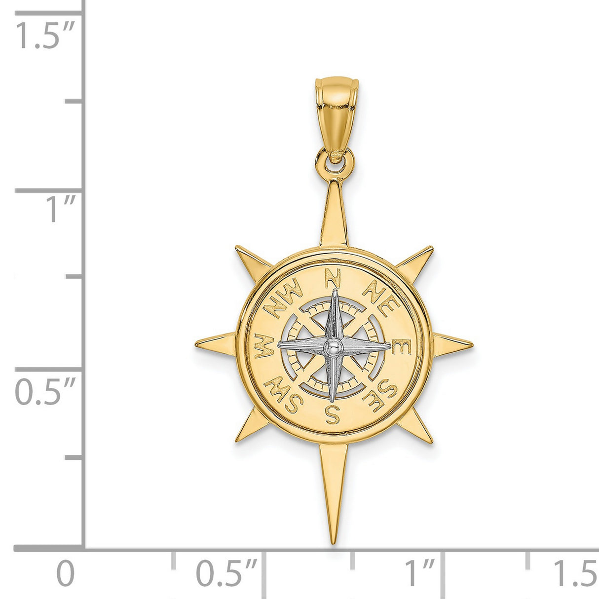 14k Two-Tone Gold Compass Pendant, Nautical Medallion with Star Frame, Travel Charm