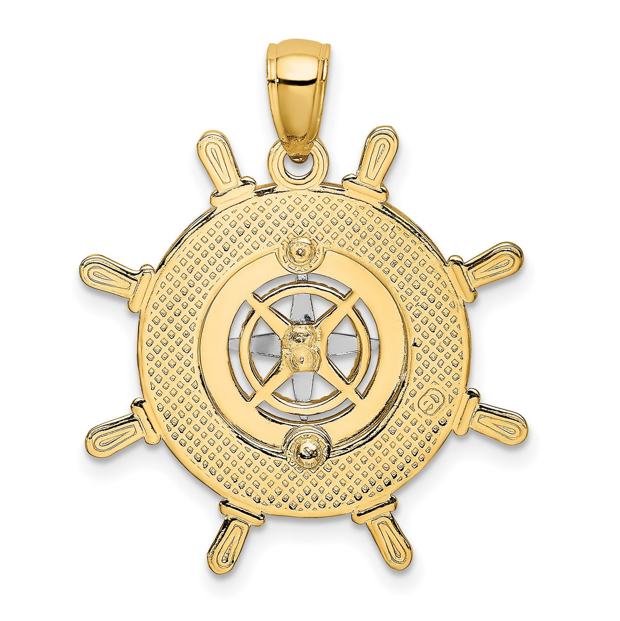 14k Two-Tone Gold Compass Rose Pendant with Nautical Ship Wheel Design for Men