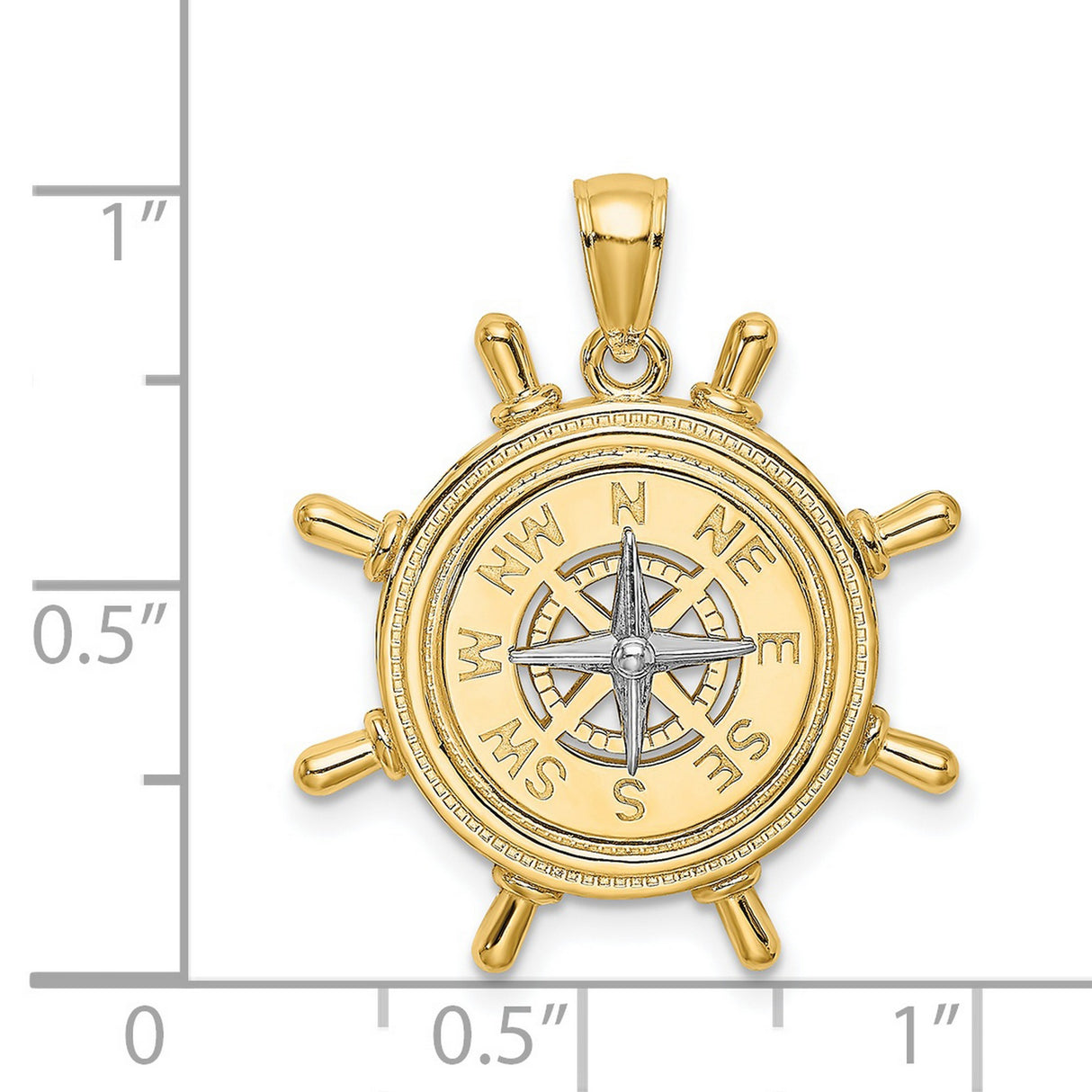 14k Two-Tone Gold Compass Rose Pendant with Nautical Ship Wheel Design for Men