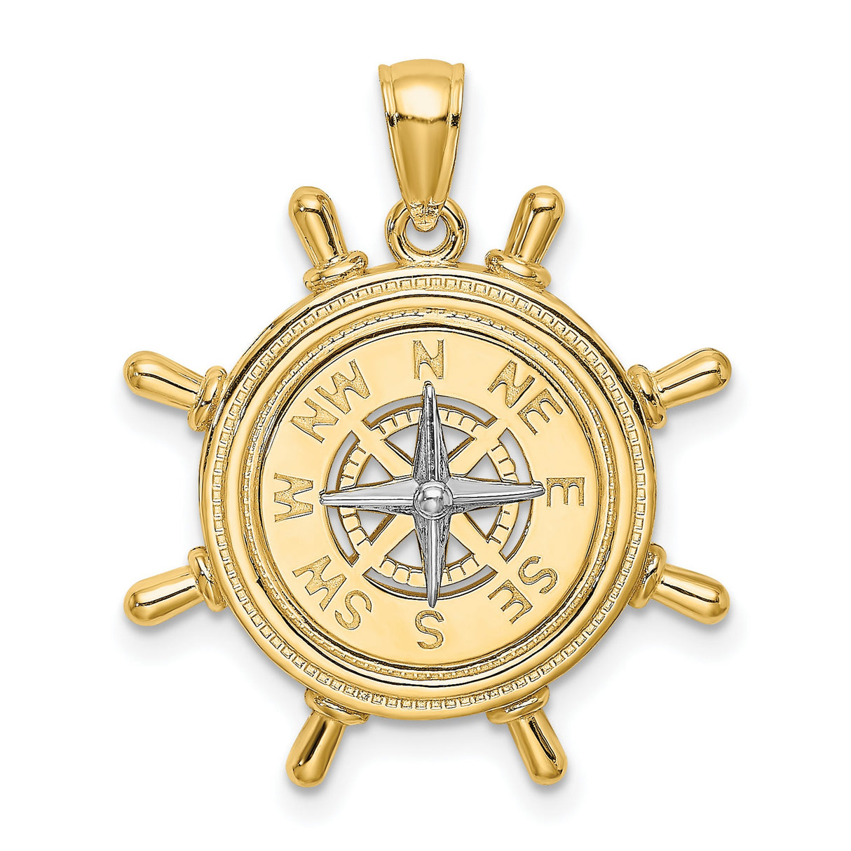14k Two-Tone Gold Compass Rose Pendant with Nautical Ship Wheel Design for Men