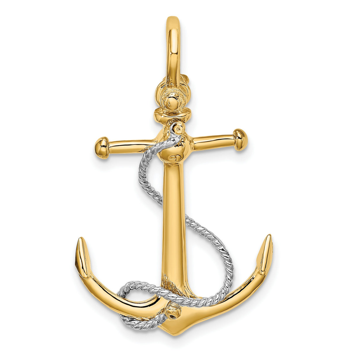 14k Two-Tone Gold Anchor Pendant with Detailed Rope Design, Nautical Christian Symbol
