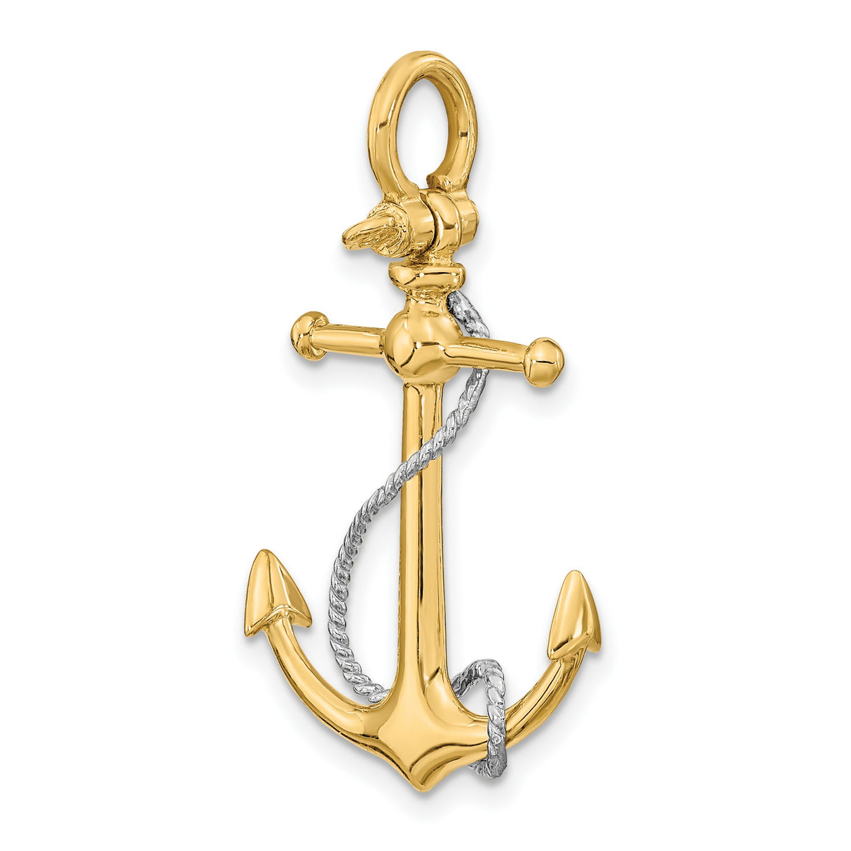 14k Two-Tone Gold Anchor Pendant with Detailed Rope Design, Nautical Christian Symbol