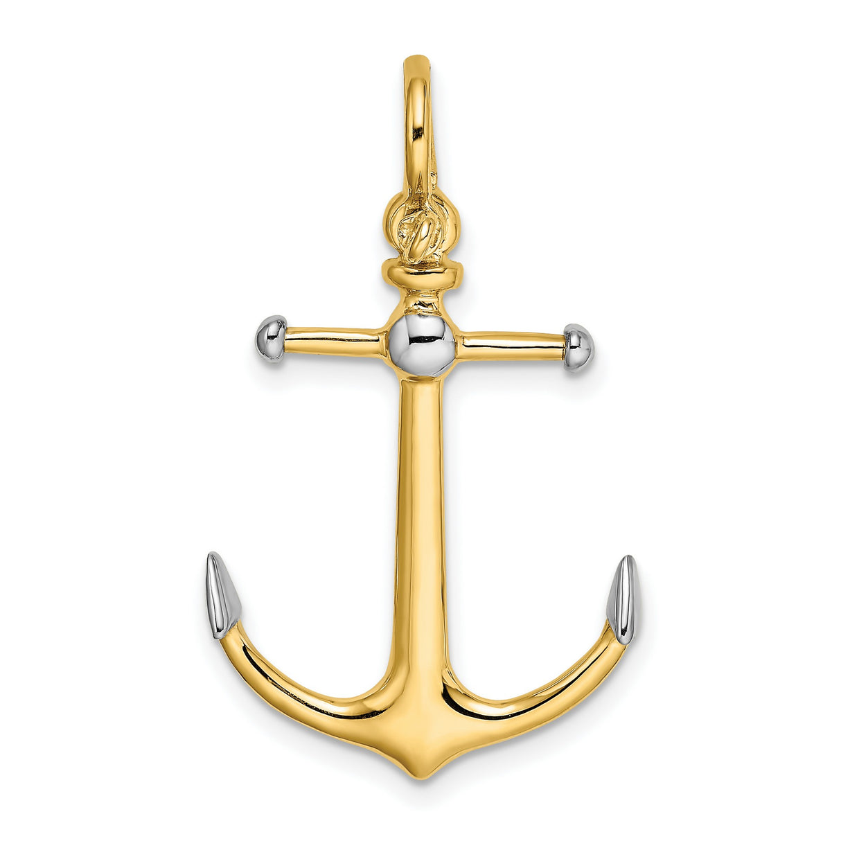 14k Yellow Gold Anchor Pendant with Rhodium Accents, Two-Tone Nautical Design for Men or Unisex Wear