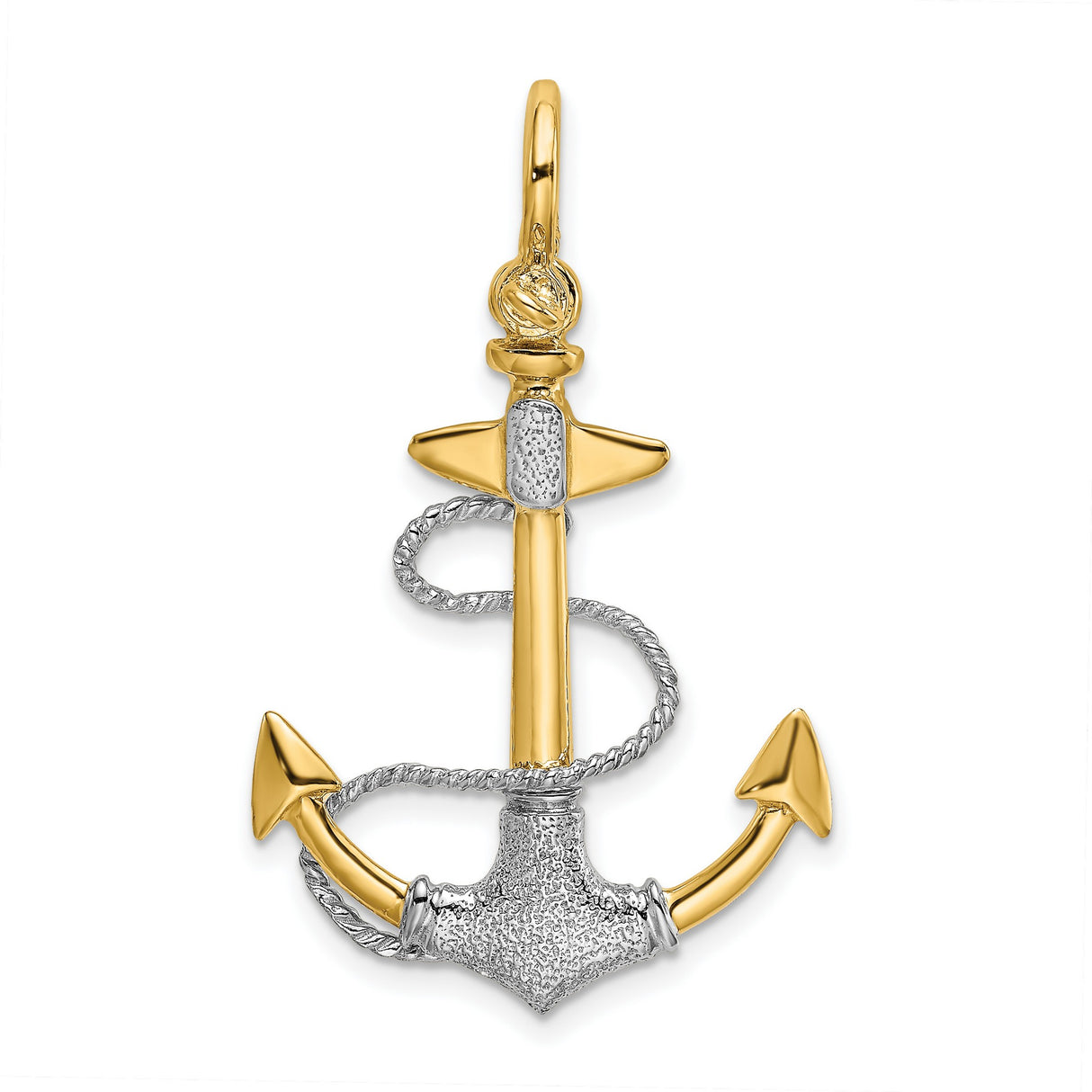 14k Two-Tone Gold Anchor Pendant with Rope Design, Nautical Christian Charm