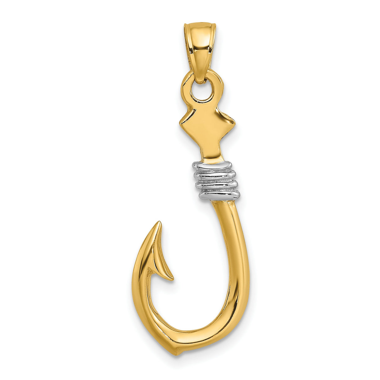 14k Yellow Gold Fish Hook Pendant with Rope Design, Two-Tone Nautical Charm for Men