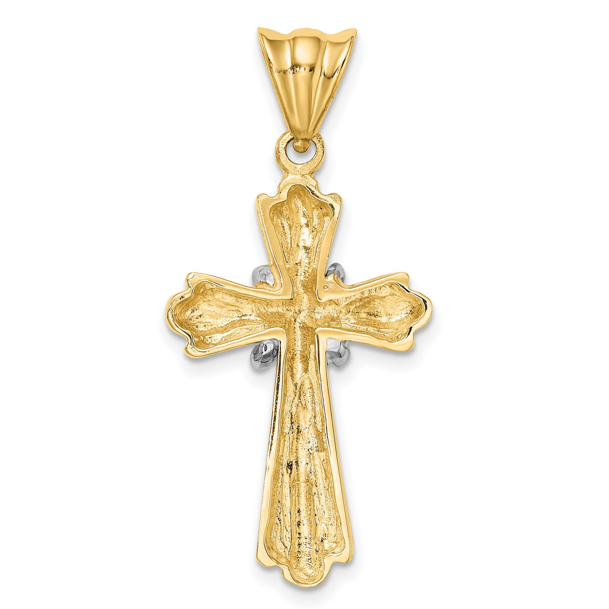 14k Yellow and White Gold Cross Pendant with Flared Edge and Textured Design