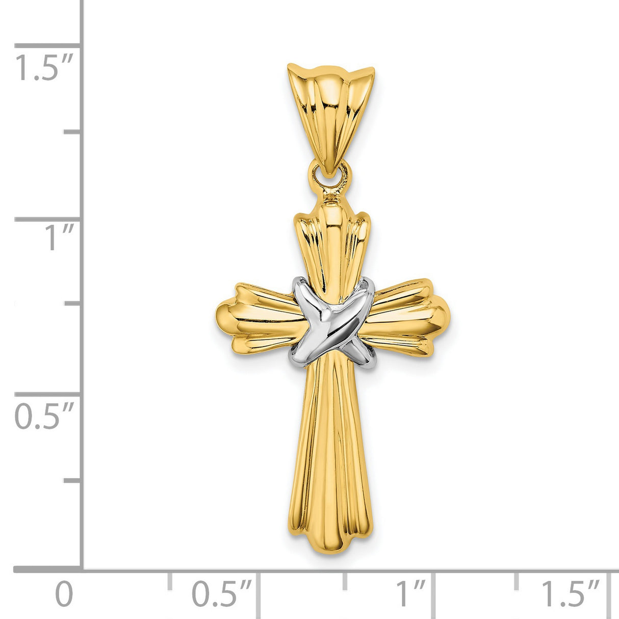 14k Yellow and White Gold Cross Pendant with Flared Edge and Textured Design
