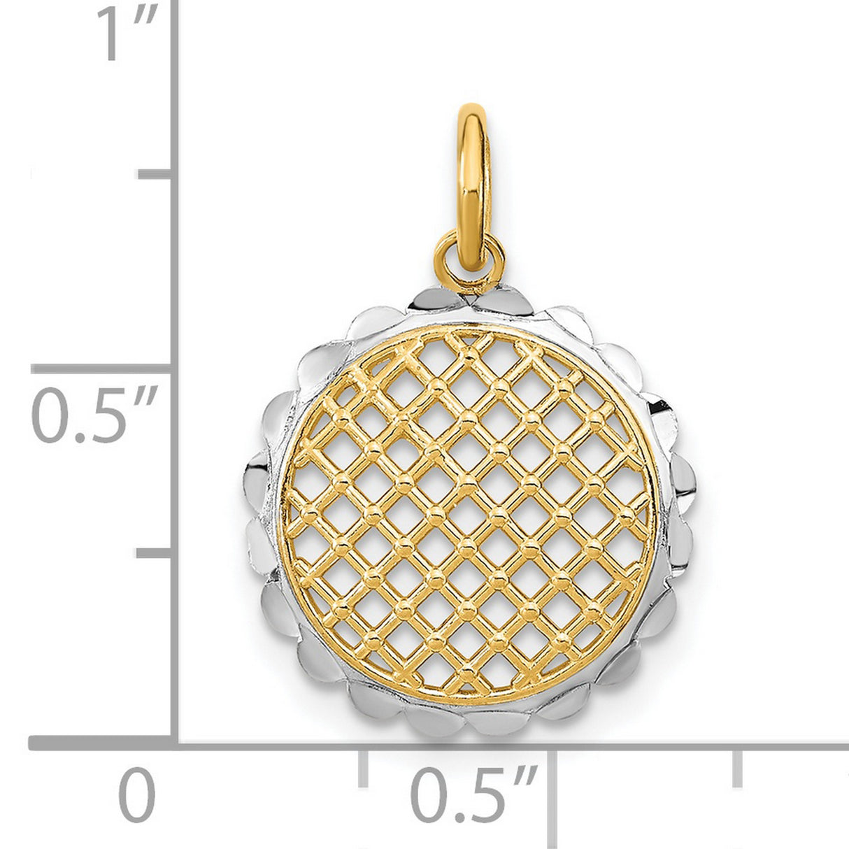 14k Yellow Gold and Rhodium Pendant with Lattice Grid Design and Scalloped Edge