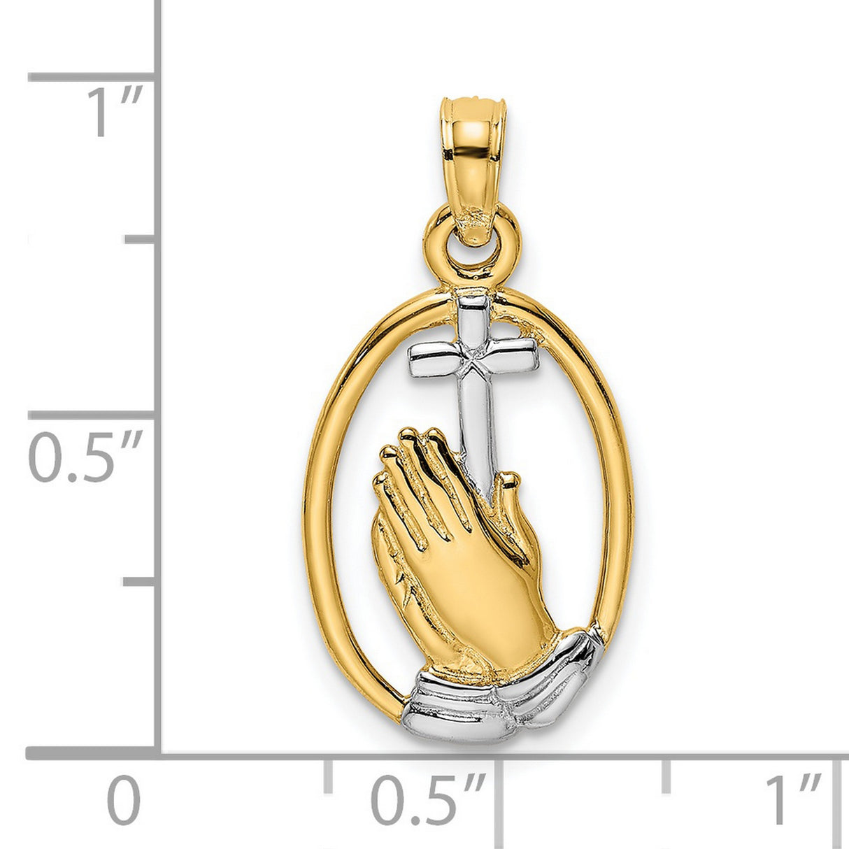 14k Multi-Tone Gold Oval Cross Pendant with Praying Hands and Polished Finish