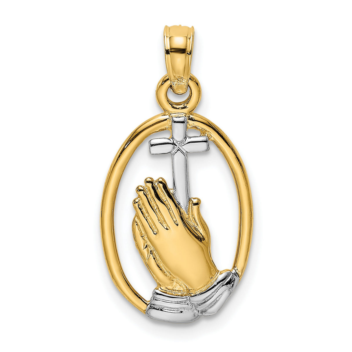 14k Multi-Tone Gold Oval Cross Pendant with Praying Hands and Polished Finish