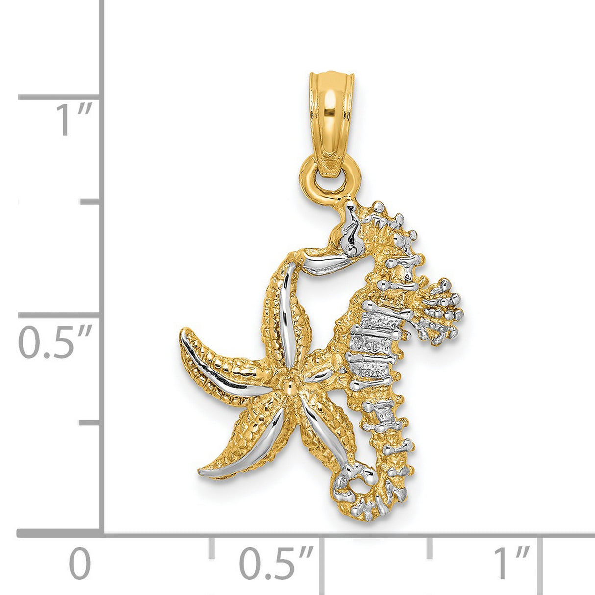 14k Multi-Tone Gold Seahorse Pendant with Starfish Charm, Nautical Ocean Theme
