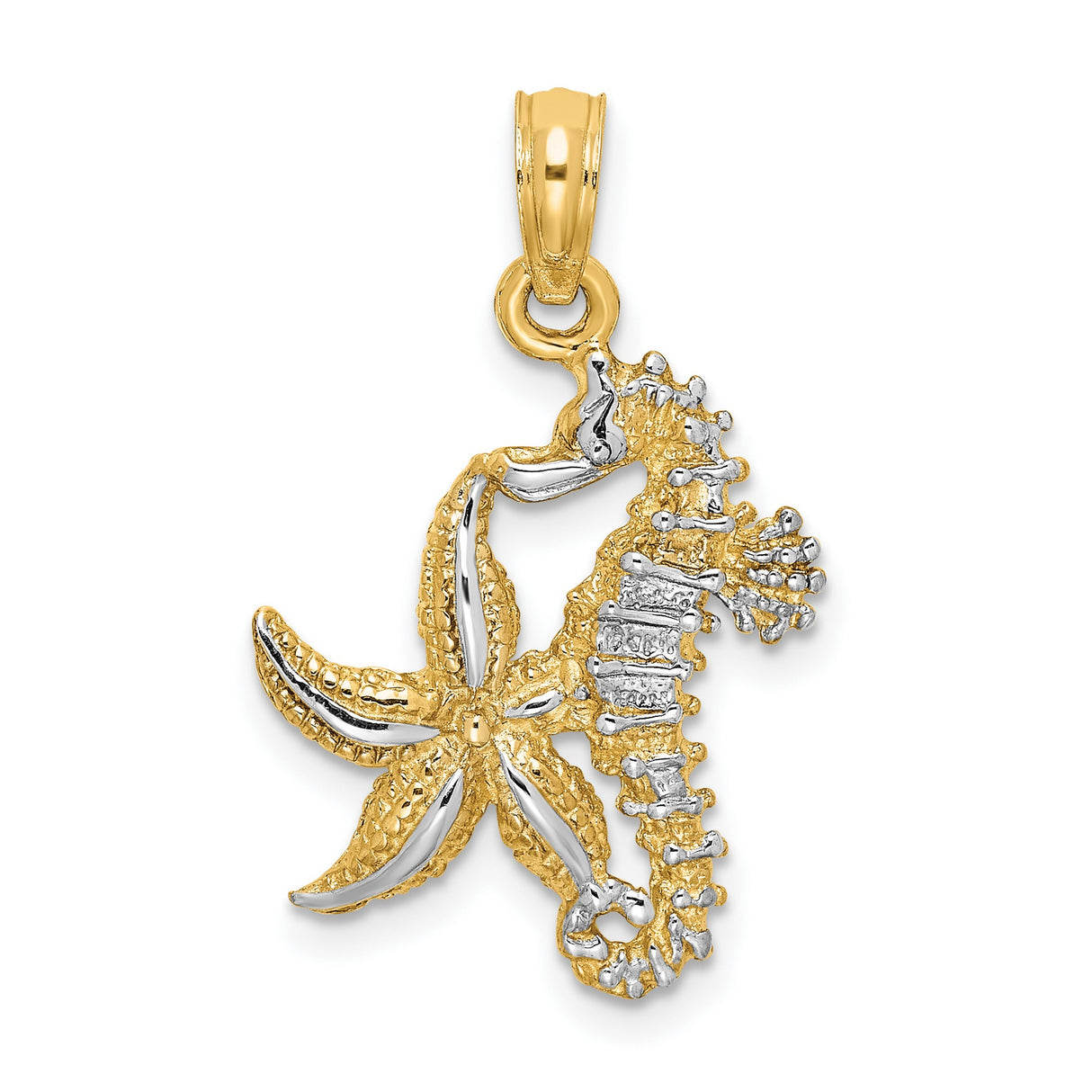 14k Multi-Tone Gold Seahorse Pendant with Starfish Charm, Nautical Ocean Theme
