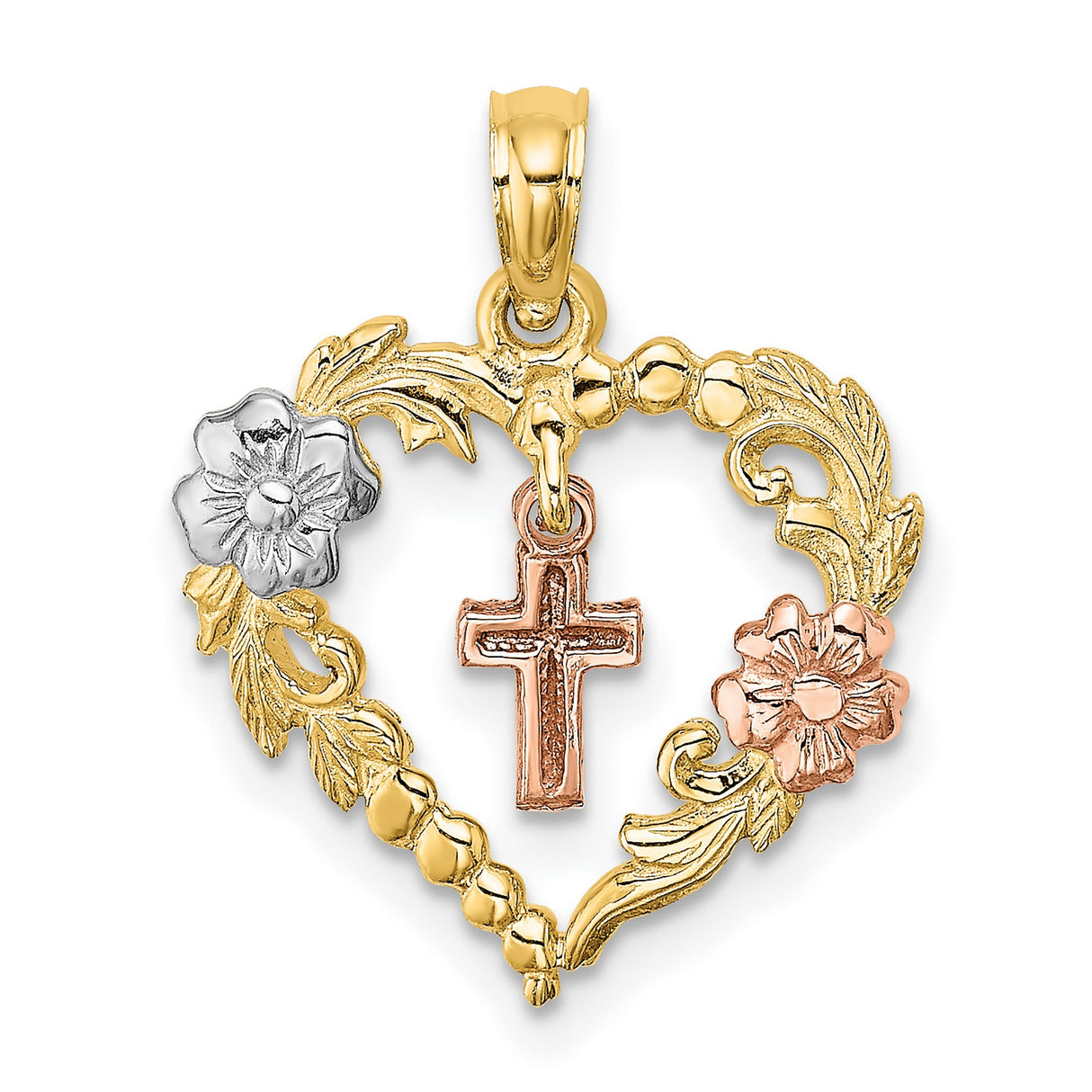 14k Multi-Tone Gold Cross Pendant with Floral Heart Design, Vintage Style Religious Charm