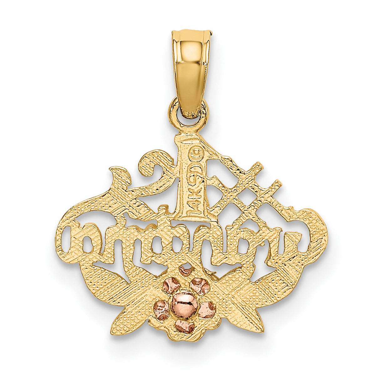 14k Two-Tone Gold Pendant, #1 Grandma Charm with Rose and Leaf Design, Floral Family Jewelry