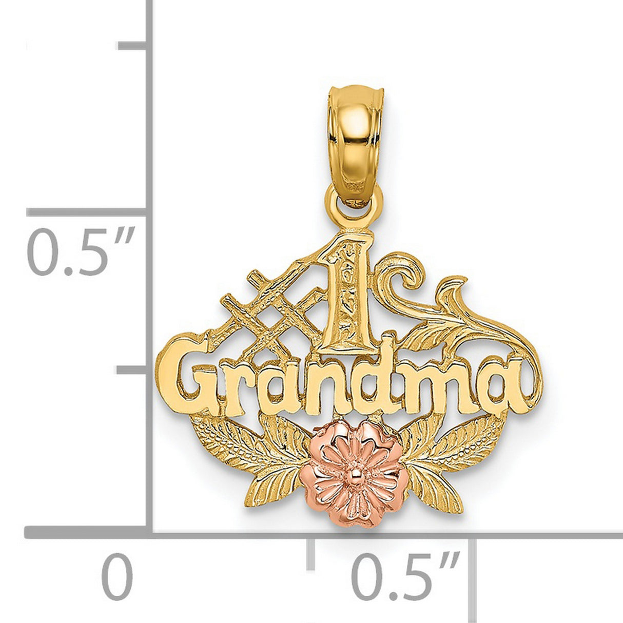 14k Two-Tone Gold Pendant, #1 Grandma Charm with Rose and Leaf Design, Floral Family Jewelry