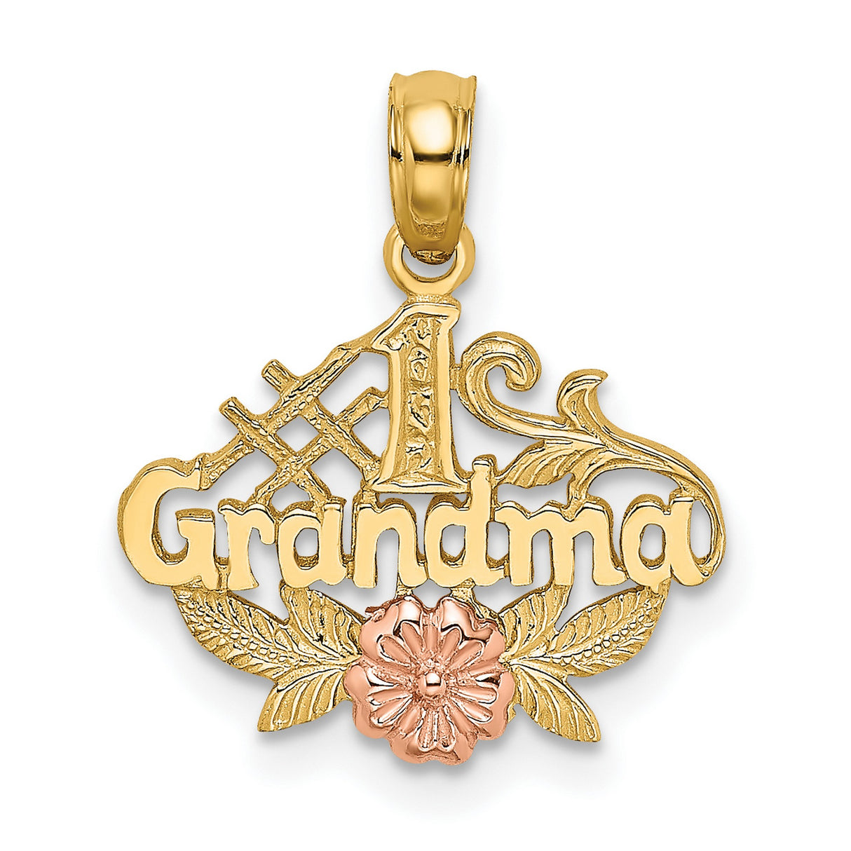 14k Two-Tone Gold Pendant, #1 Grandma Charm with Rose and Leaf Design, Floral Family Jewelry
