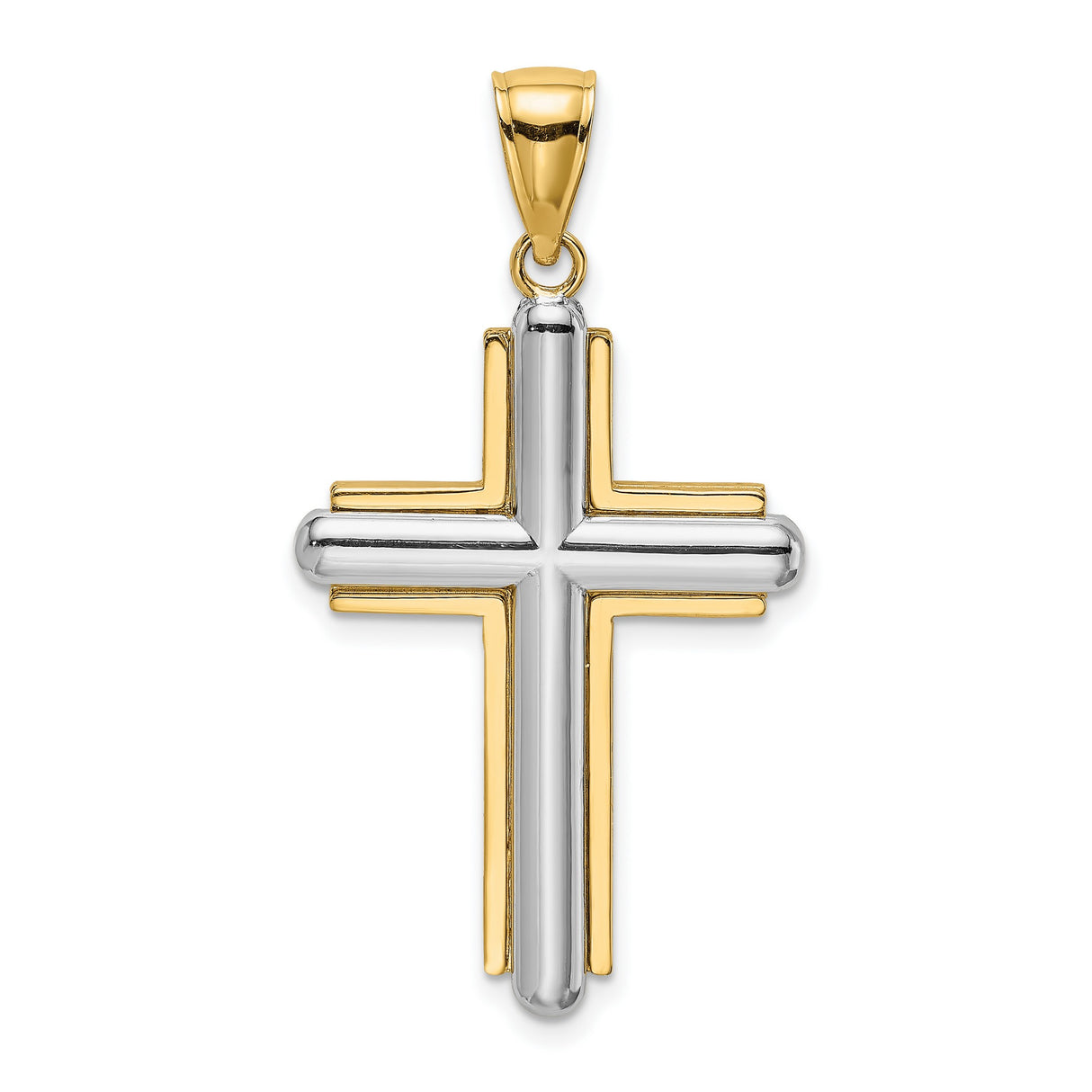 14k Two-Tone Gold Cross Pendant with Beveled Design, Religious Jewelry for Men and Women