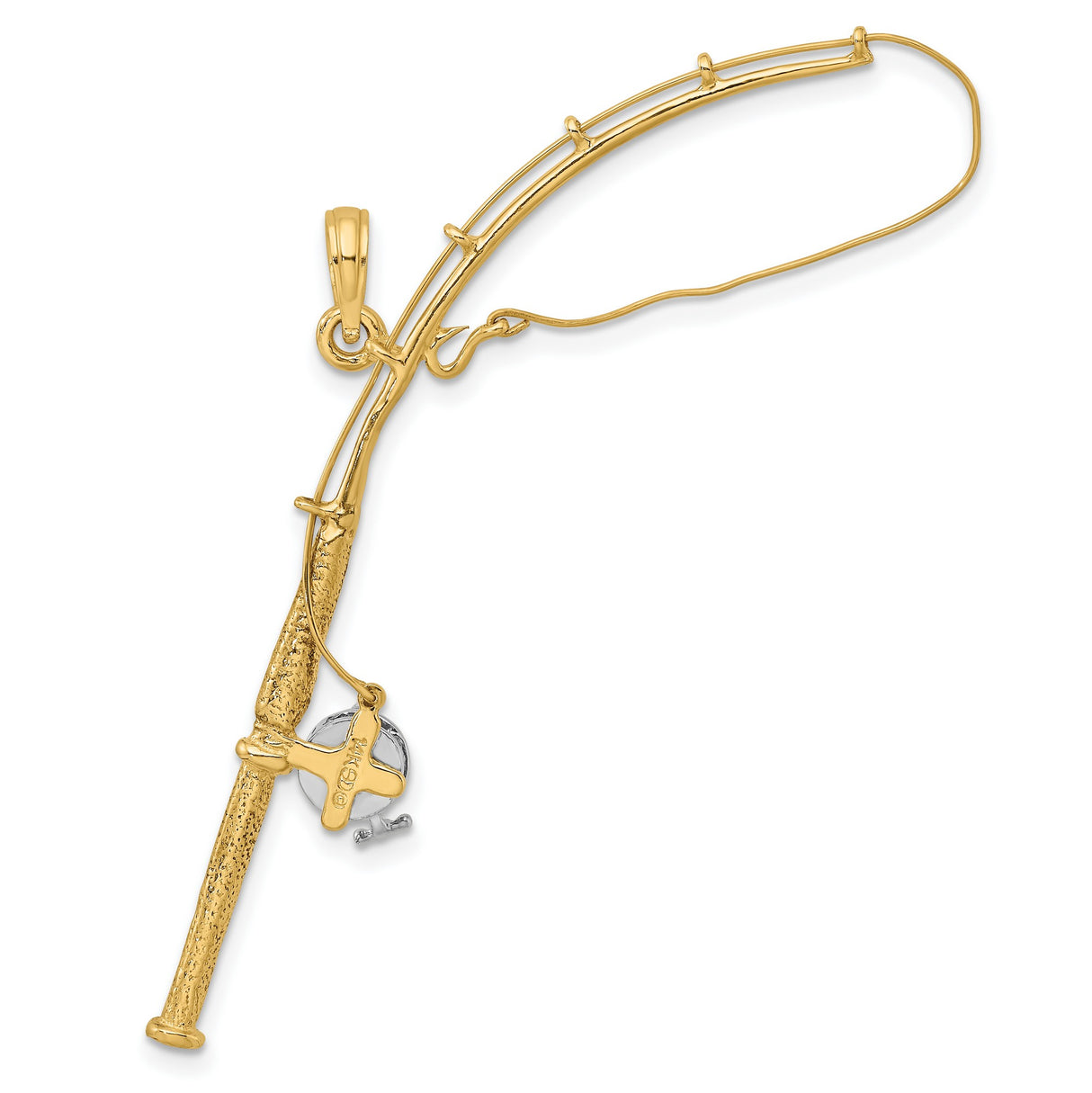 14k Multi-Tone Gold Fishing Rod and Reel Pendant with Rhodium Accent, Outdoor Hobby Charm