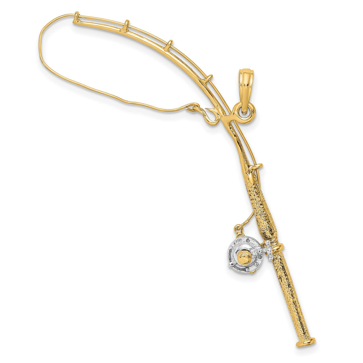 14k Multi-Tone Gold Fishing Rod and Reel Pendant with Rhodium Accent, Outdoor Hobby Charm