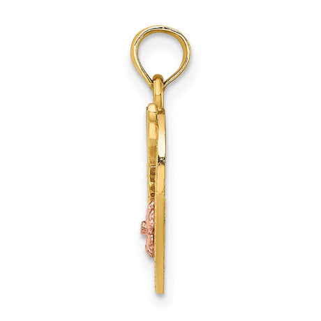 14k Two-Tone Gold Heart Pendant with Rocking Chair, Pink Flower and Green Leaf Details