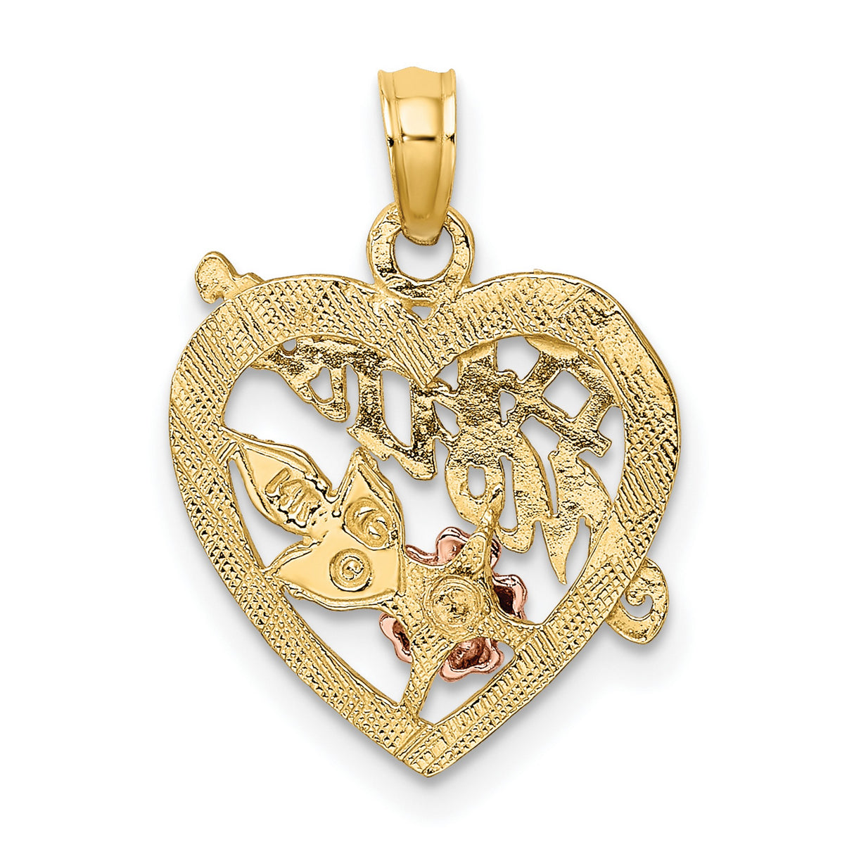 14k Two-Tone Gold Heart Pendant with Rocking Chair, Pink Flower and Green Leaf Details