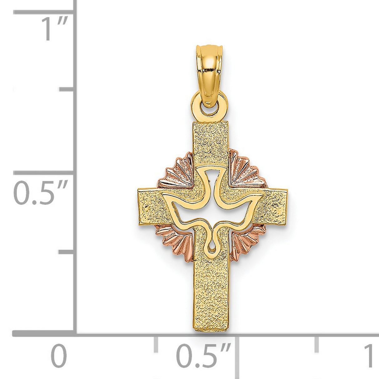 14k Yellow and Rose Gold Cross Pendant with Dove and Rays Two-Tone Religious Charm