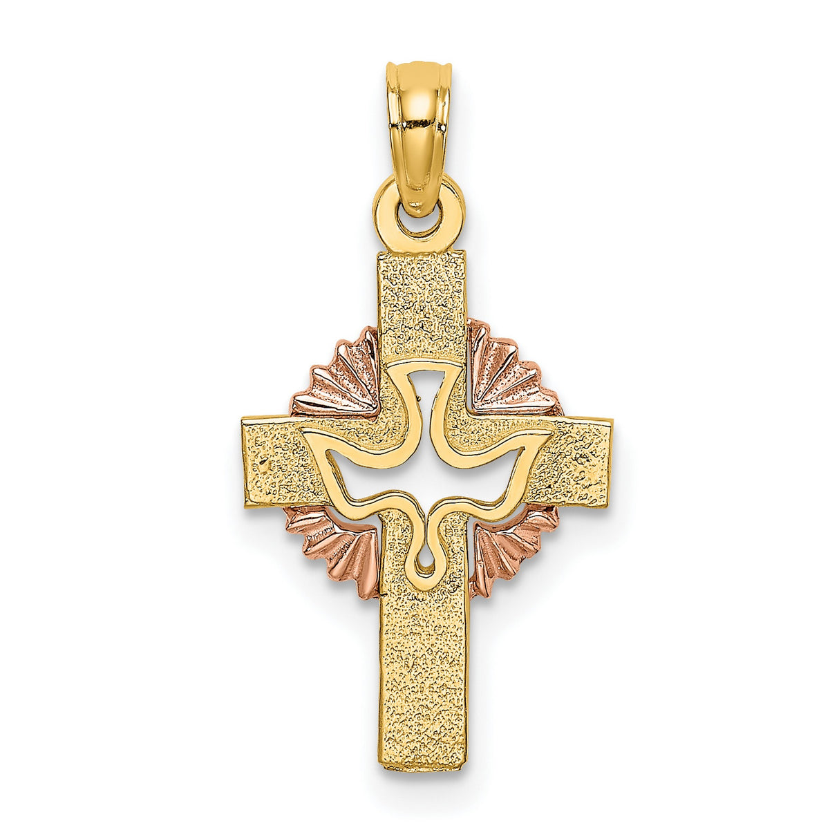 14k Yellow and Rose Gold Cross Pendant with Dove and Rays Two-Tone Religious Charm