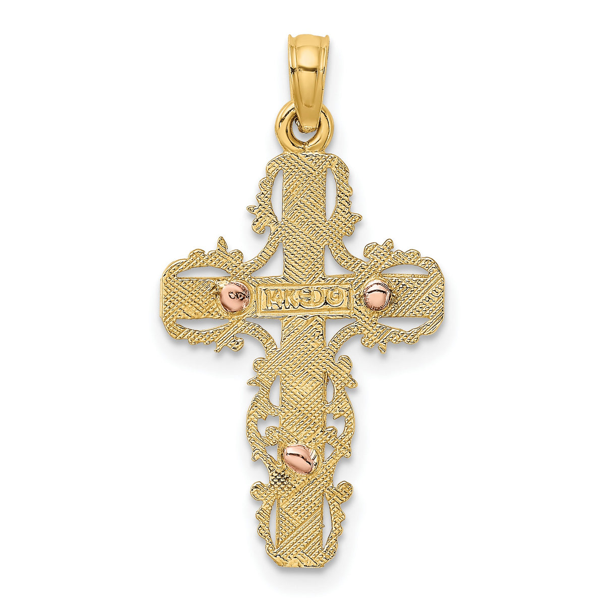 14k Multi-Tone Gold Crucifix Cross Pendant with Baroque Filigree Scrollwork Design