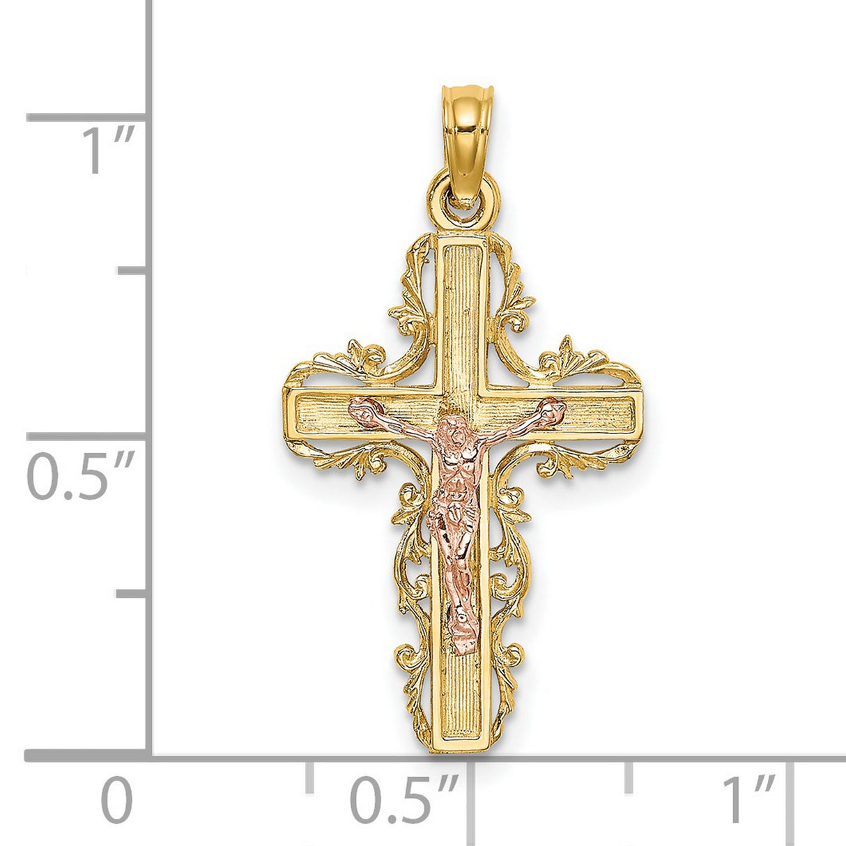 14k Multi-Tone Gold Crucifix Cross Pendant with Baroque Filigree Scrollwork Design