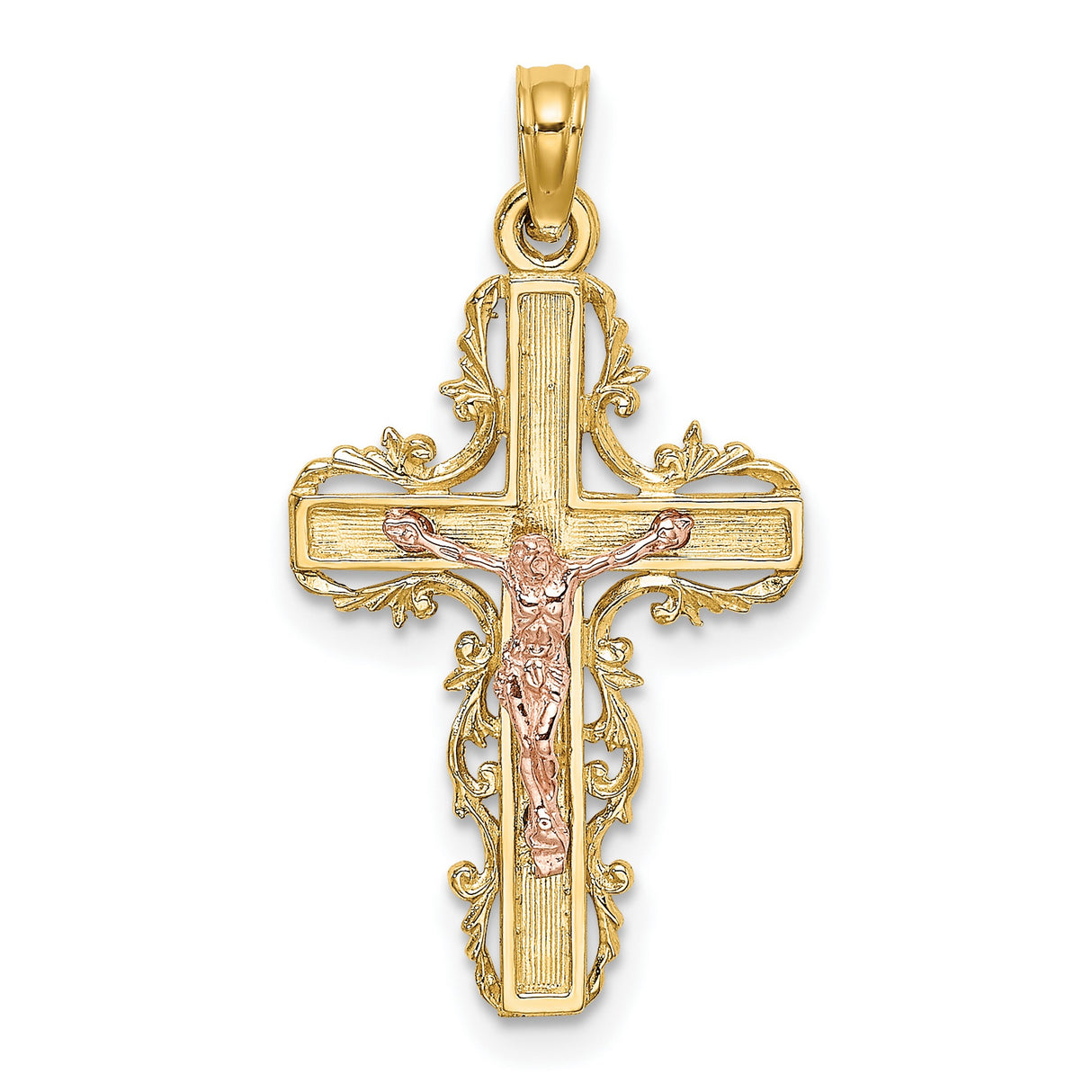 14k Multi-Tone Gold Crucifix Cross Pendant with Baroque Filigree Scrollwork Design