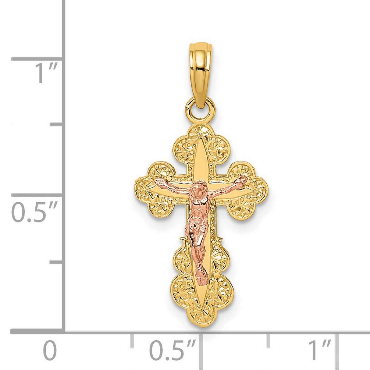 14k Multi-Tone Gold Crucifix Pendant with Scallop Trim, Christian Religious Charm