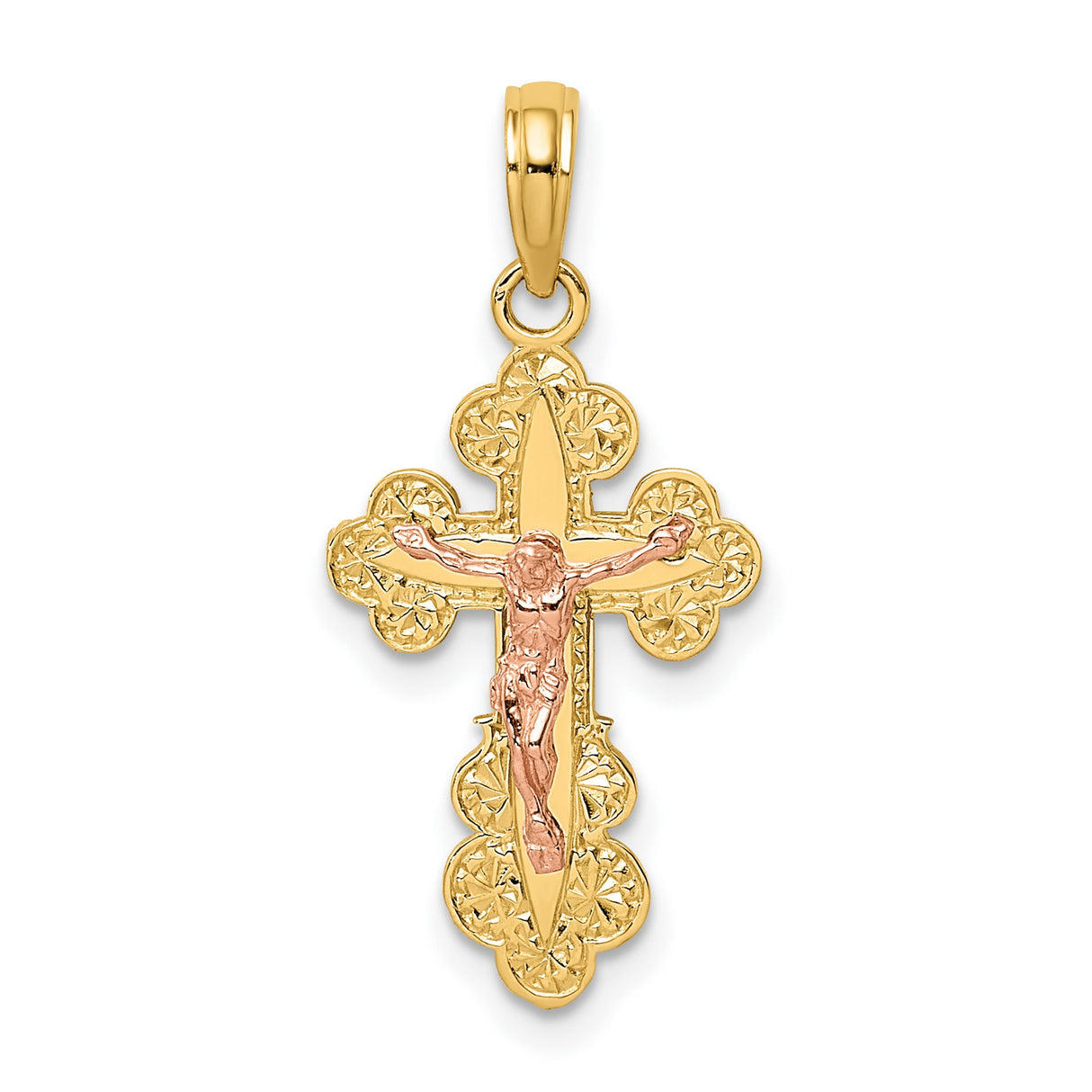 14k Multi-Tone Gold Crucifix Pendant with Scallop Trim, Christian Religious Charm