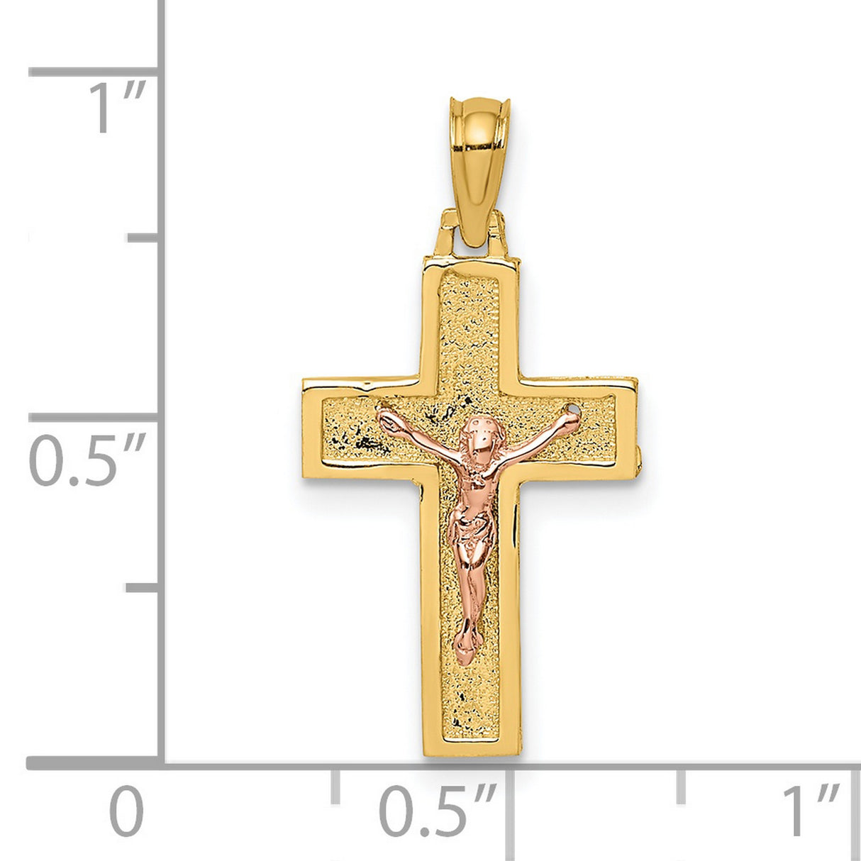 14k Two-Tone Gold Crucifix Cross Pendant with Christ Figure, Textured Religious Design