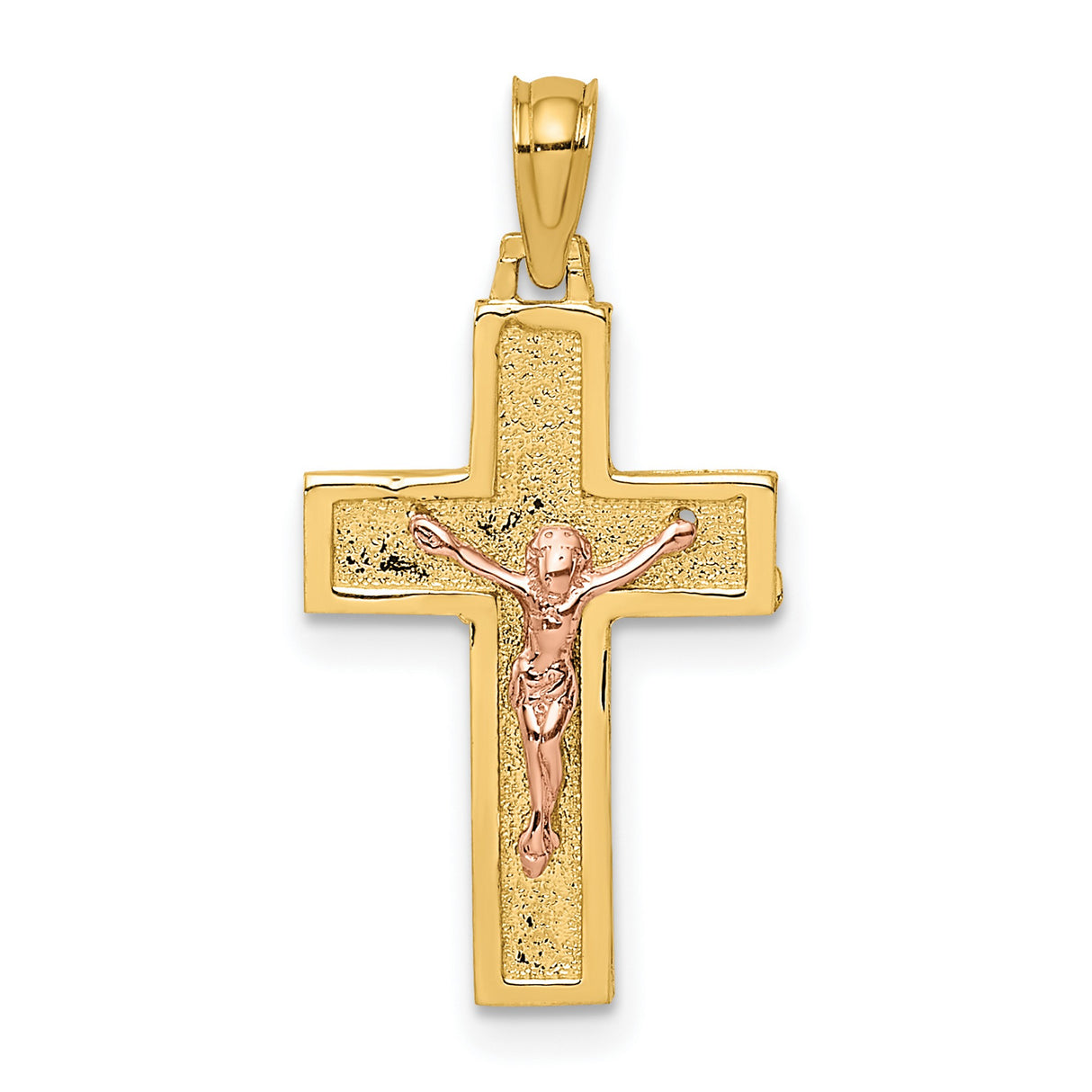 14k Two-Tone Gold Crucifix Cross Pendant with Christ Figure, Textured Religious Design