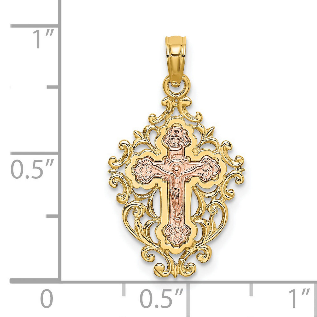 14k Two-Tone Gold Crucifix Pendant, Ornate Cross Design, High Polish Finish, for Men and Women