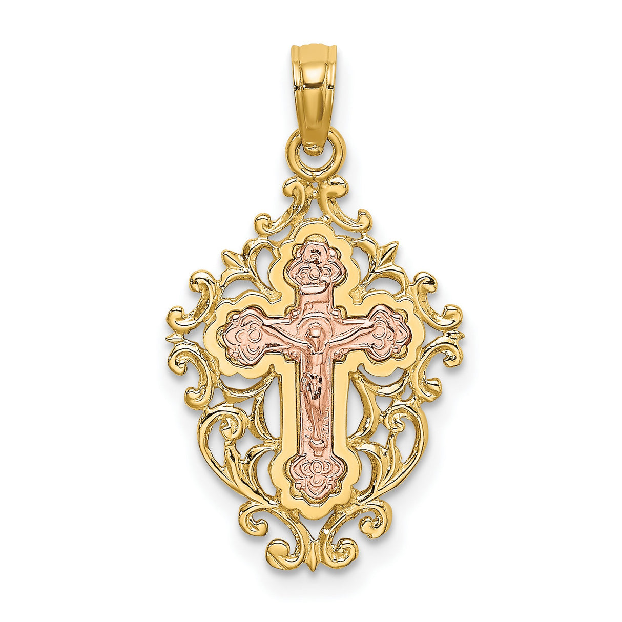 14k Two-Tone Gold Crucifix Pendant, Ornate Cross Design, High Polish Finish, for Men and Women