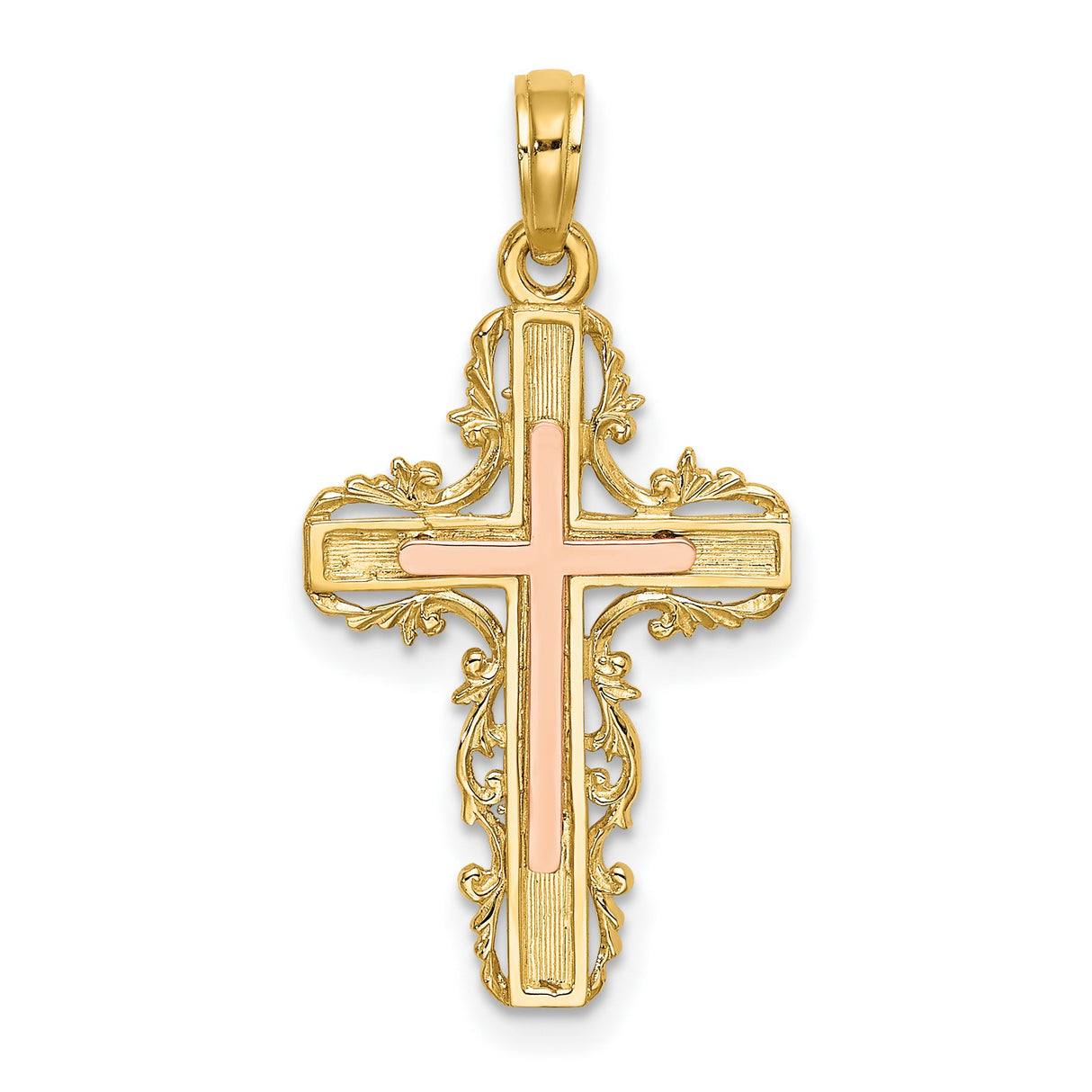 14k Two-Tone Gold Cross Pendant with Scrollwork Filigree and Vintage Detail