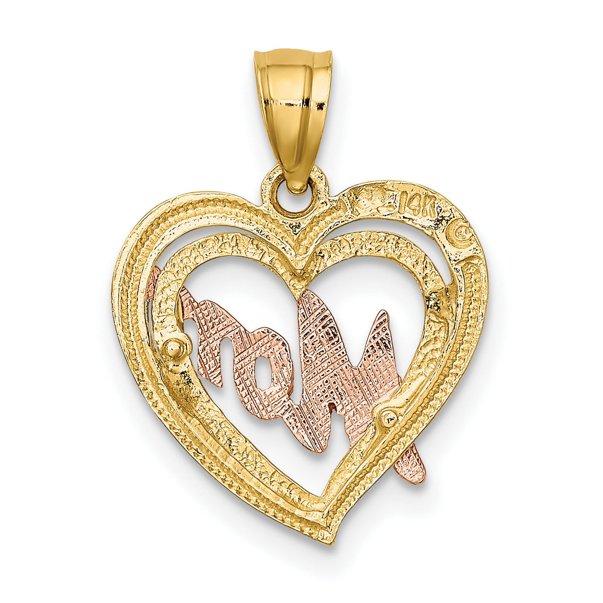 14k Two-Tone Gold Heart Pendant with Rose Gold Script Mom Design
