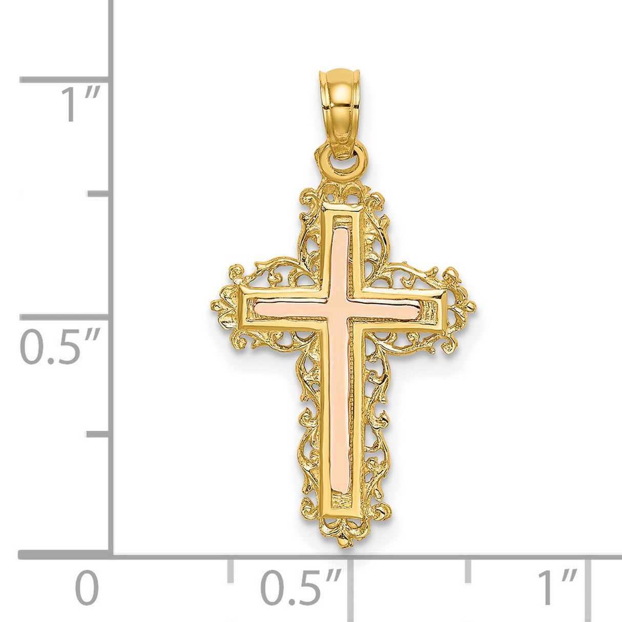 14k Two-Tone Gold Cross Pendant with Rose Gold Filigree Detail and Lace Design