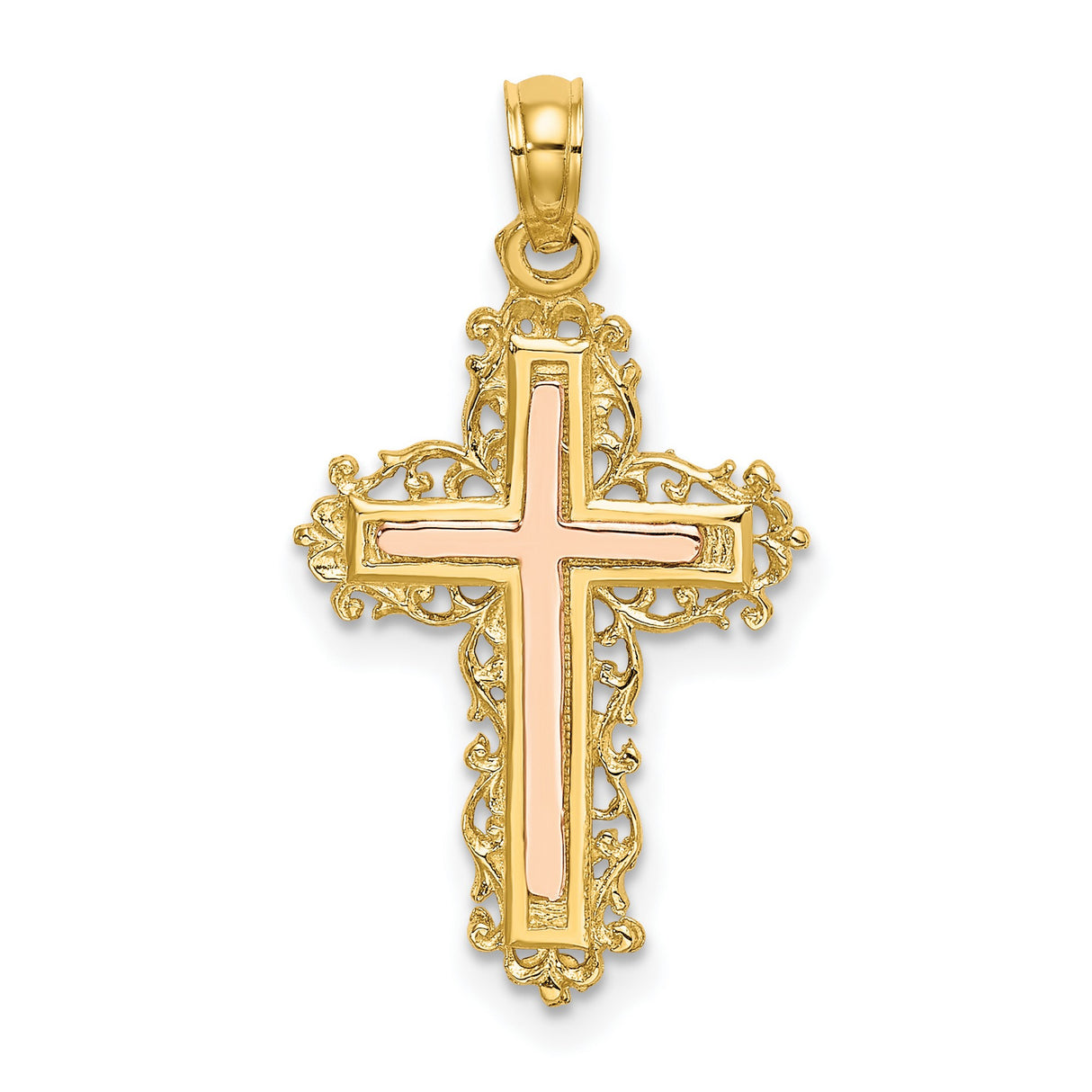 14k Two-Tone Gold Cross Pendant with Rose Gold Filigree Detail and Lace Design