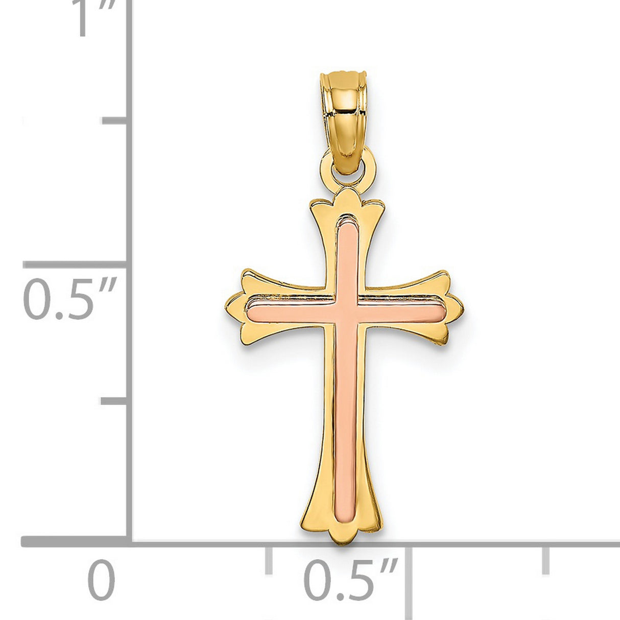 14k Two-Tone Gold Cross Pendant with Polished Finish and Rose Inlay, Christian Faith Design