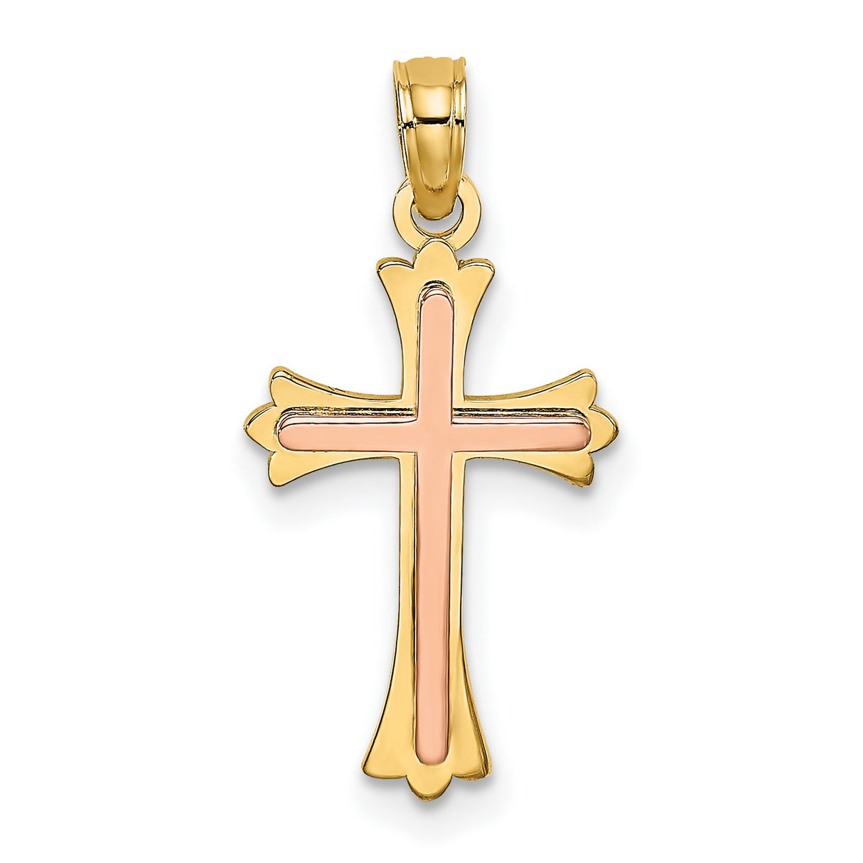 14k Two-Tone Gold Cross Pendant with Polished Finish and Rose Inlay, Christian Faith Design