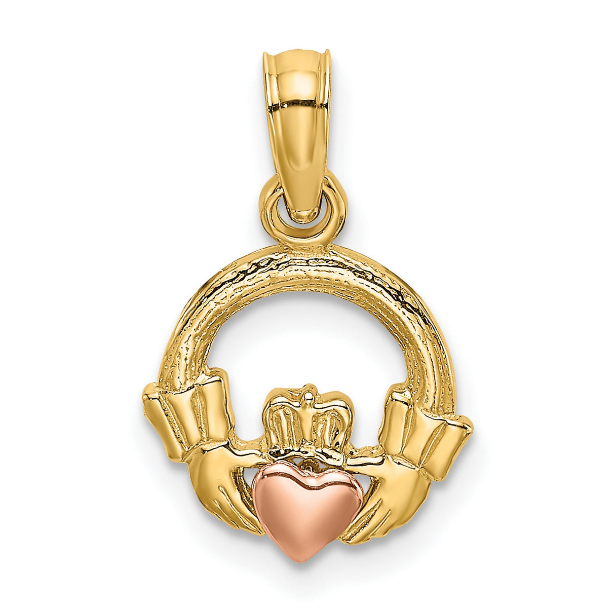14k Two-Tone Gold Claddagh Pendant with Rose Gold Heart, Irish Celtic Heart Crown Design